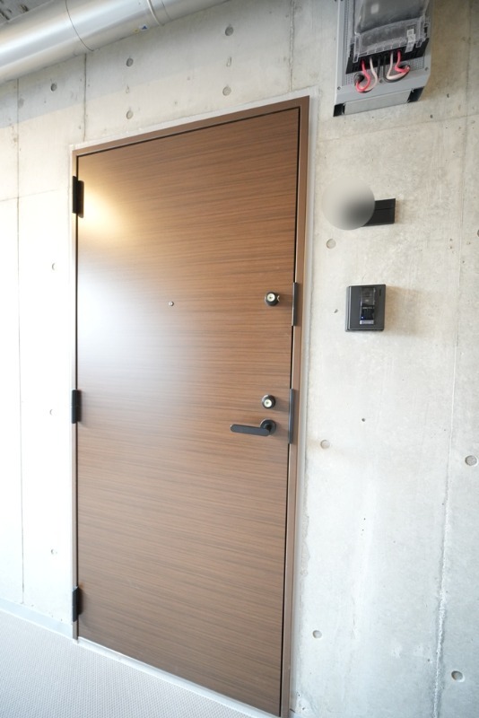 大阪府大阪市東淀川区東中島６丁目7-6celeste東中島203号室の防犯性の高いディンプルキーダブルロックドアはブラウンカラーで取っ手はスチール製の黒
