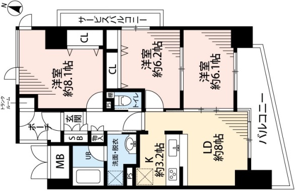 淀川ウエストタワー701号室Ｃタイプ3ＬＤＫ72.27㎡南向き南東角部屋の間取り図