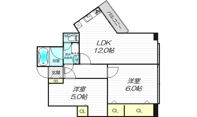 大阪府大阪市東淀川区豊新２丁目13-2,メゾン豊新206号室.2LDK[洋6j.洋5j.LDK12j]54.98㎡.西向きの間取り図